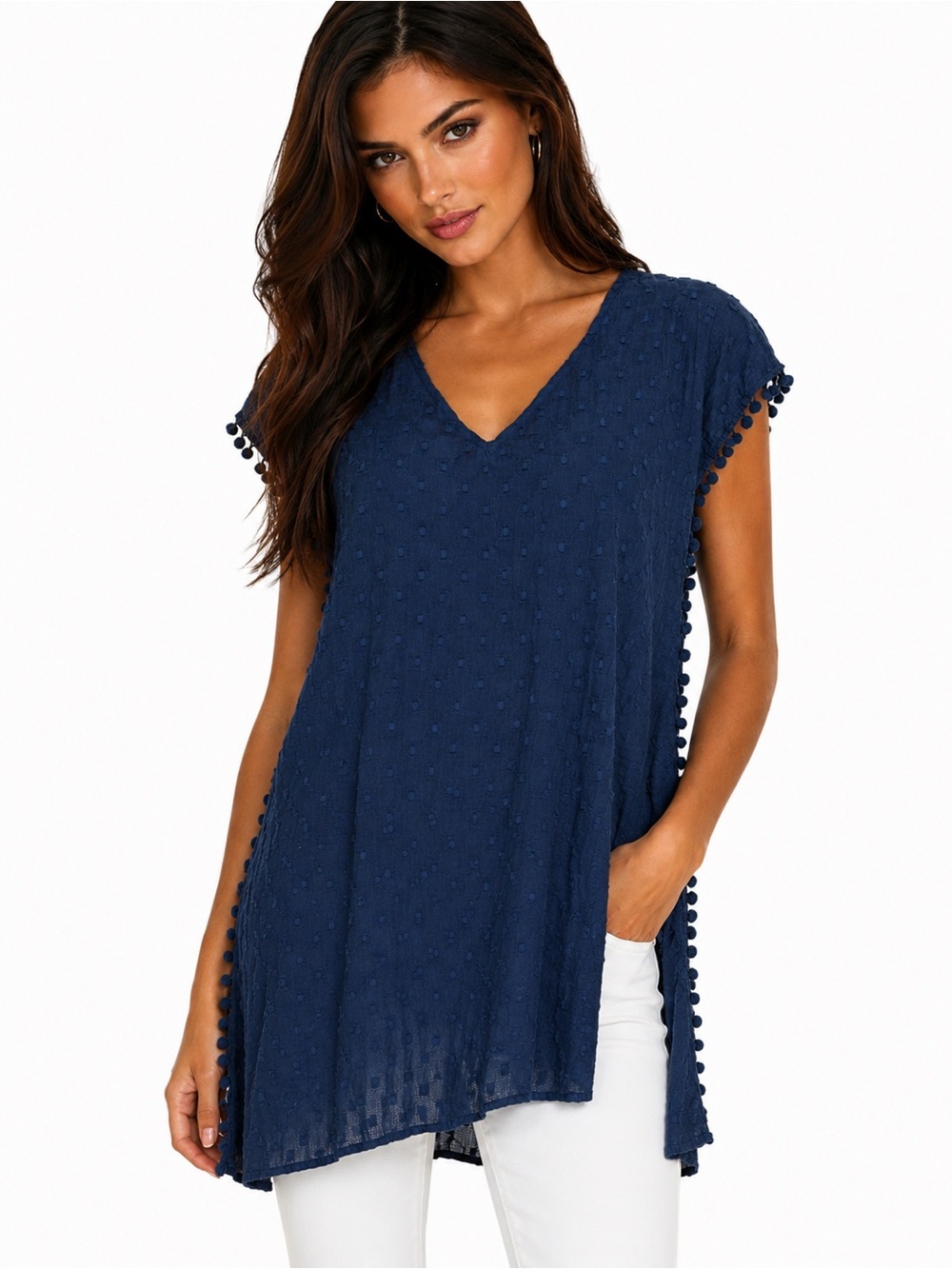 Cover 2 Cover Women’s Navy Blue Textured Pom Pom Trim Tunic Top XS NWT